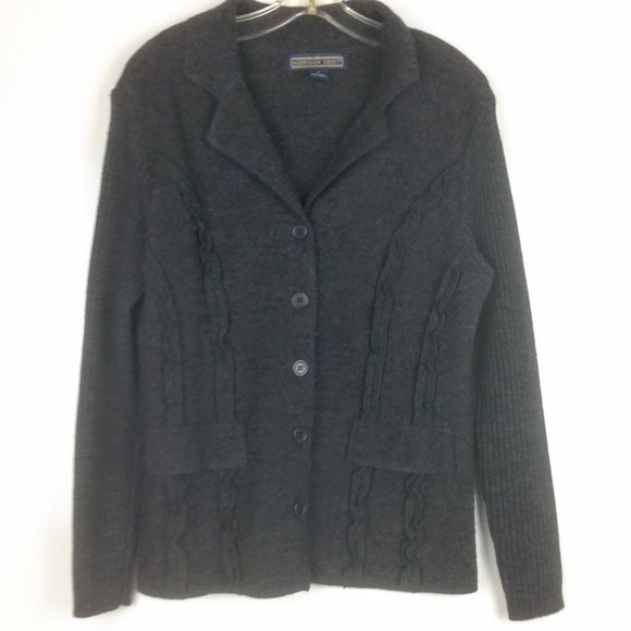 Herman Geist Grey Wool Button Down w/Ruffle Detail Sweater Blazer Size Small - Picture 1 of 4
